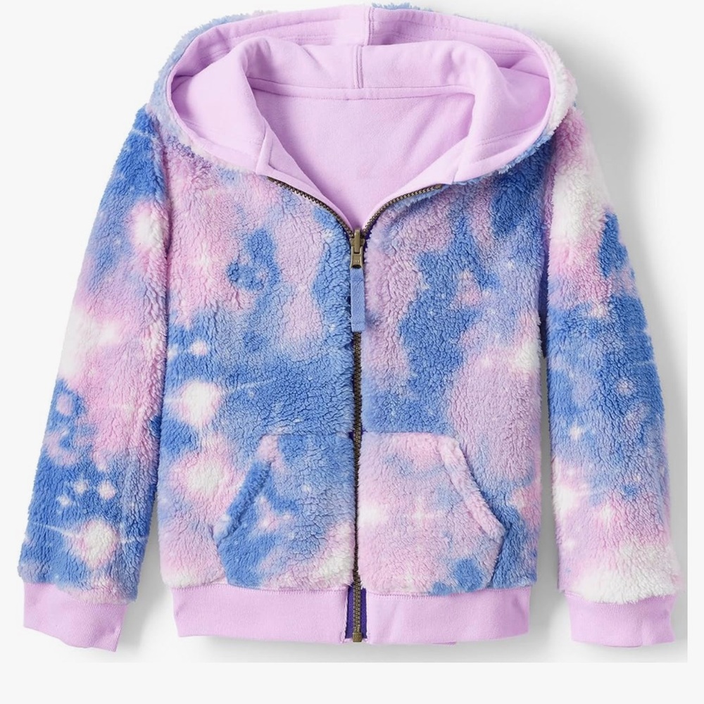 Lands' End Pattern Sherpa Lined Hoodie Lilac Thistle Galaxy Tie Dye Kids Husky - Picture 9 of 11